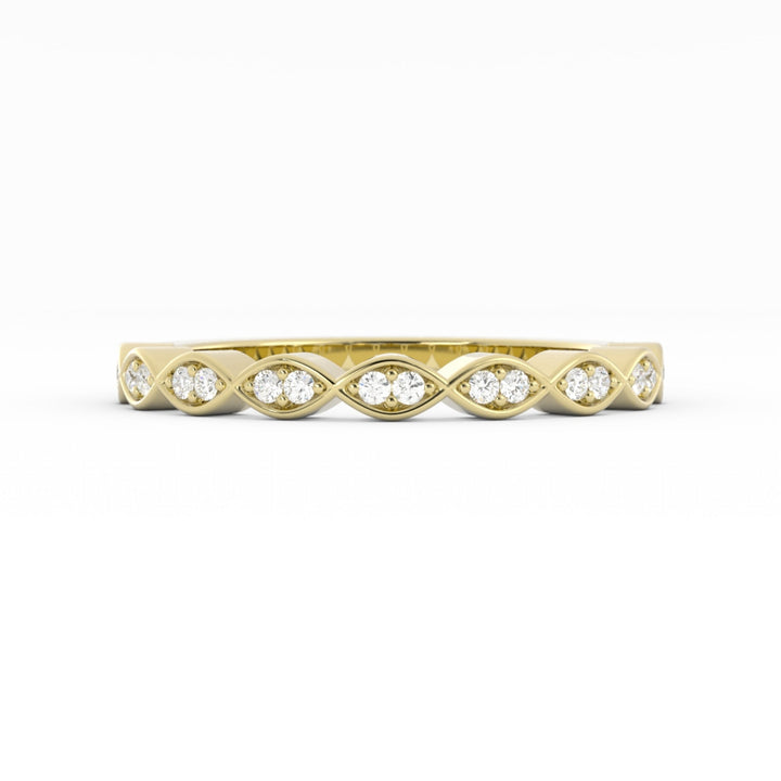 14K Yellow Gold Round Half Shank Eyelet Paired Stone Natural Diamond Wedding Band