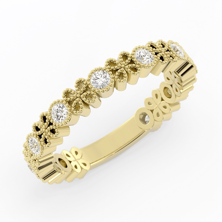 14K Yellow Gold Round Three Quarter Petal and Milgrain Lab Grown Diamond Wedding Band