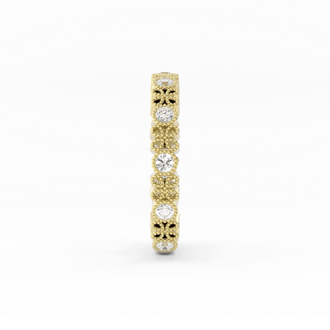 14K Yellow Gold Round Three Quarter Petal and Milgrain Lab Grown Diamond Wedding Band