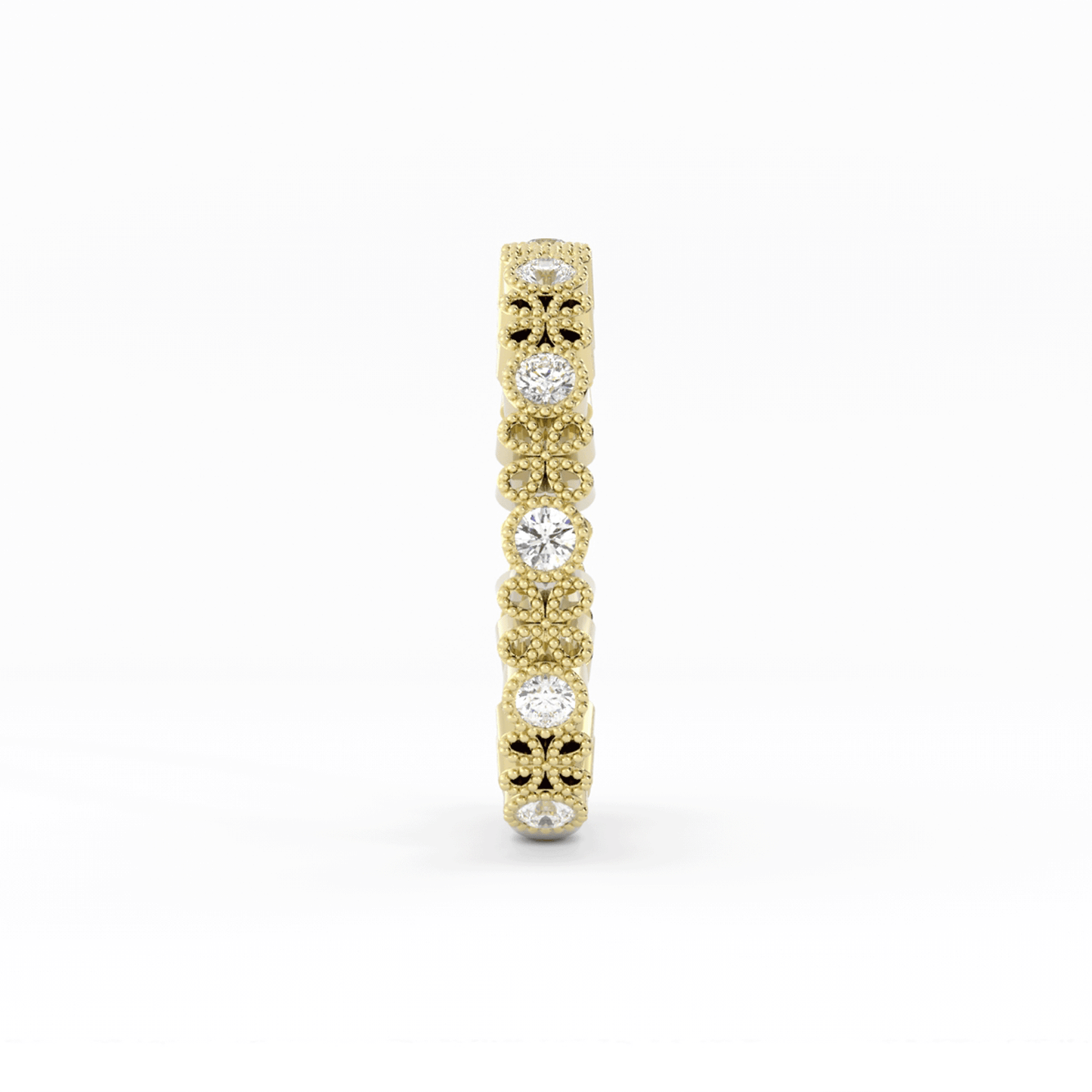 14K Yellow Gold Round Three Quarter Petal and Milgrain Lab Grown Diamond Wedding Band