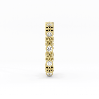 14K Yellow Gold Round Three Quarter Petal and Milgrain Lab Grown Diamond Wedding Band