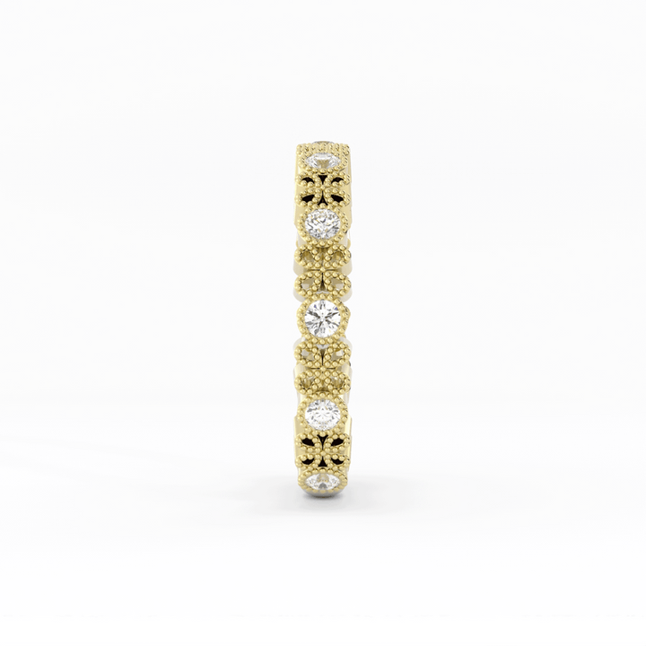 14K Yellow Gold Round Three Quarter Petal and Milgrain Lab Grown Diamond Wedding Band