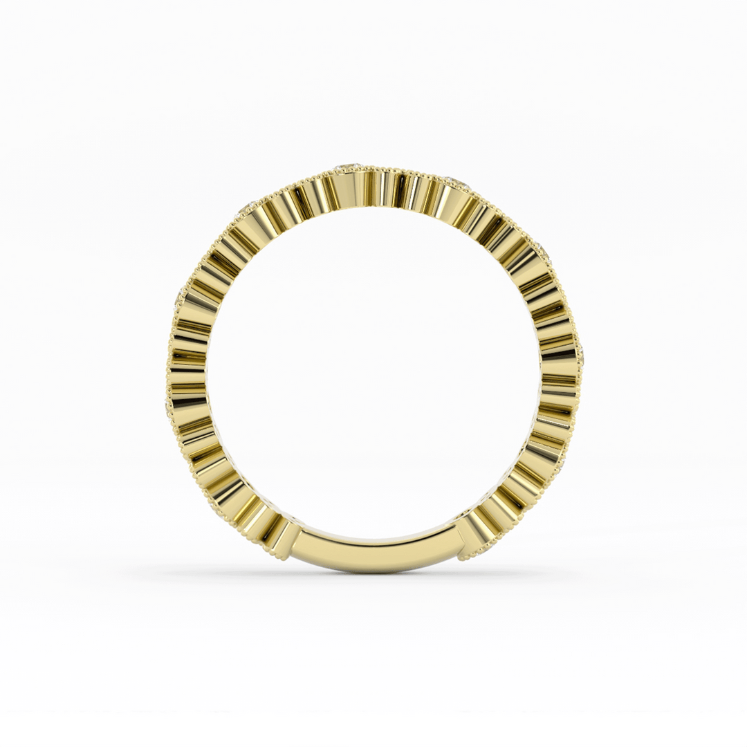 14K Yellow Gold Round Three Quarter Petal and Milgrain Lab Grown Diamond Wedding Band
