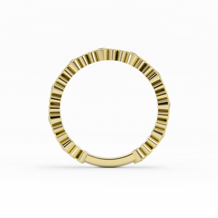 14K Yellow Gold Round Three Quarter Petal and Milgrain Lab Grown Diamond Wedding Band