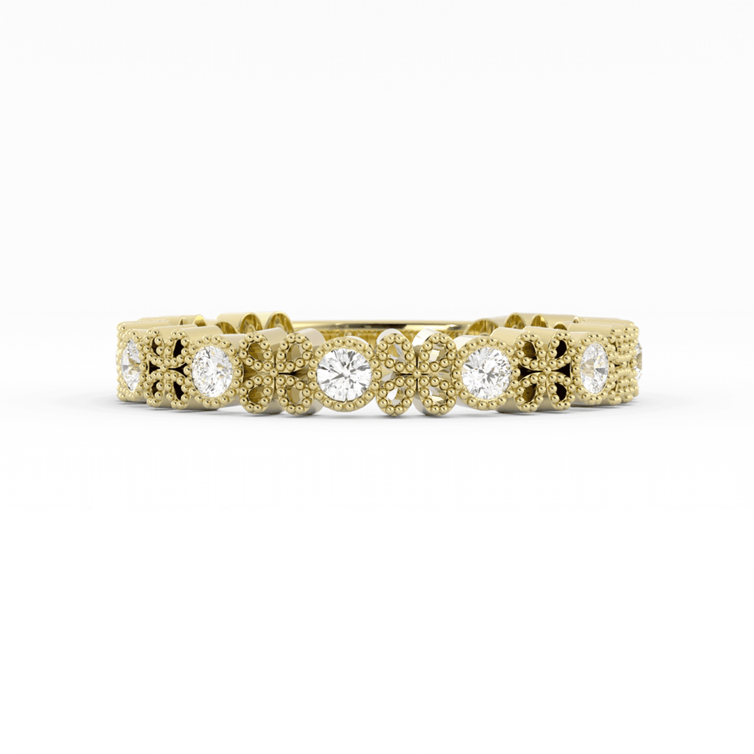 14K Yellow Gold Round Three Quarter Petal and Milgrain Lab Grown Diamond Wedding Band