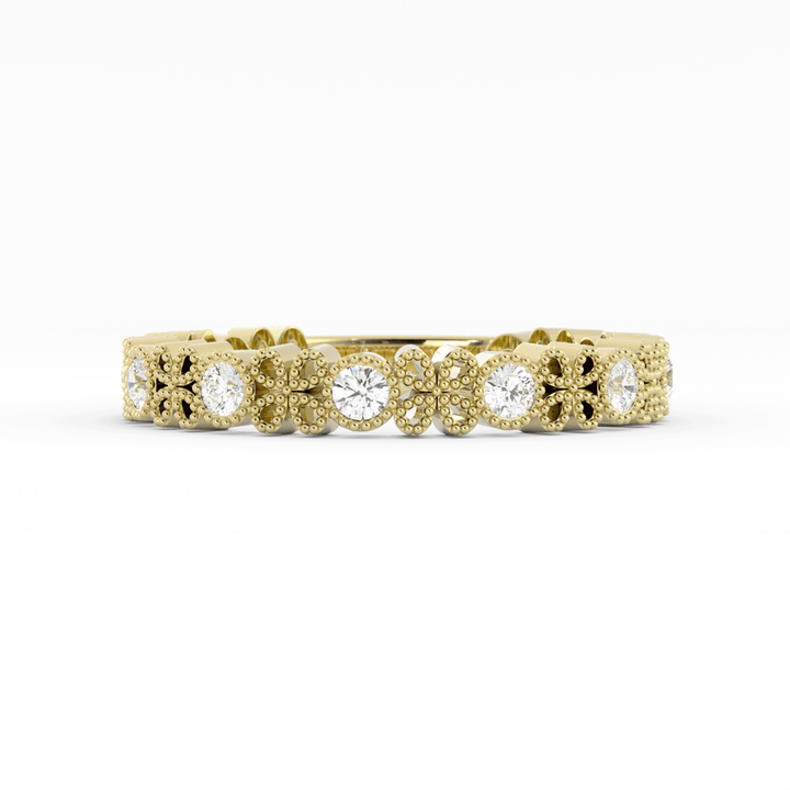 14K Yellow Gold Round Three Quarter Petal and Milgrain Lab Grown Diamond Wedding Band