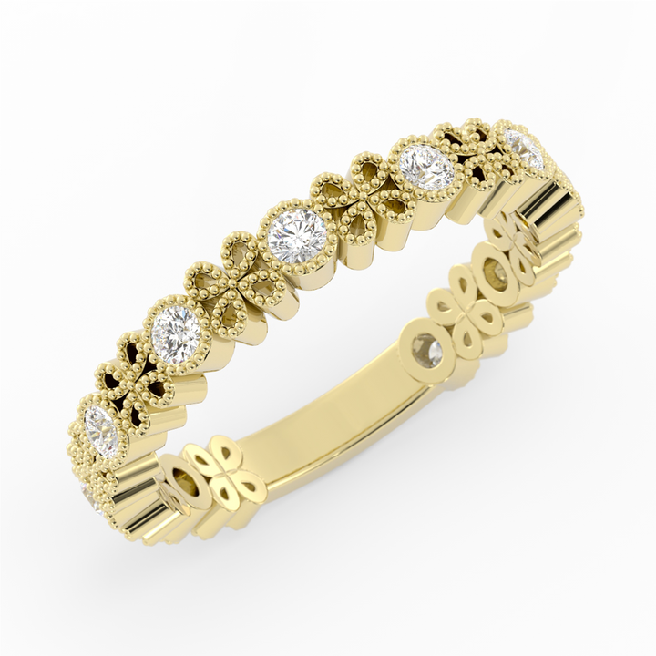 14K Yellow Gold Round Three Quarter Petal and Milgrain Natural Diamond Wedding Band