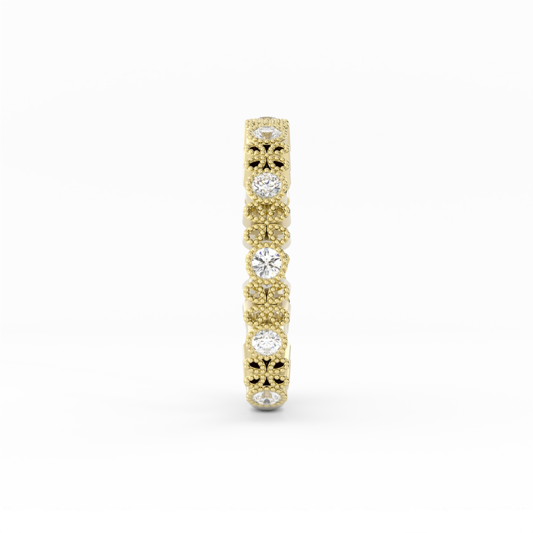 14K Yellow Gold Round Three Quarter Petal and Milgrain Natural Diamond Wedding Band