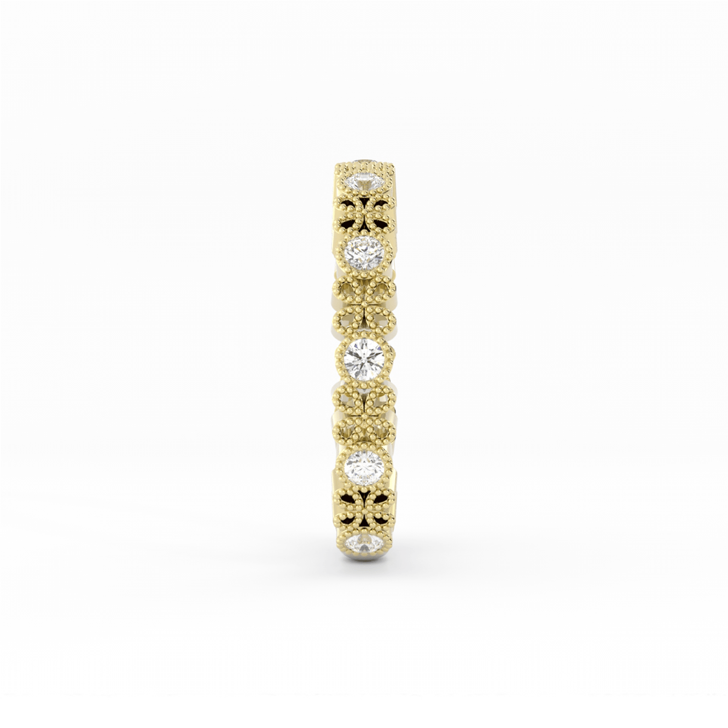 14K Yellow Gold Round Three Quarter Petal and Milgrain Natural Diamond Wedding Band