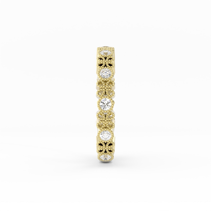 14K Yellow Gold Round Three Quarter Petal and Milgrain Natural Diamond Wedding Band