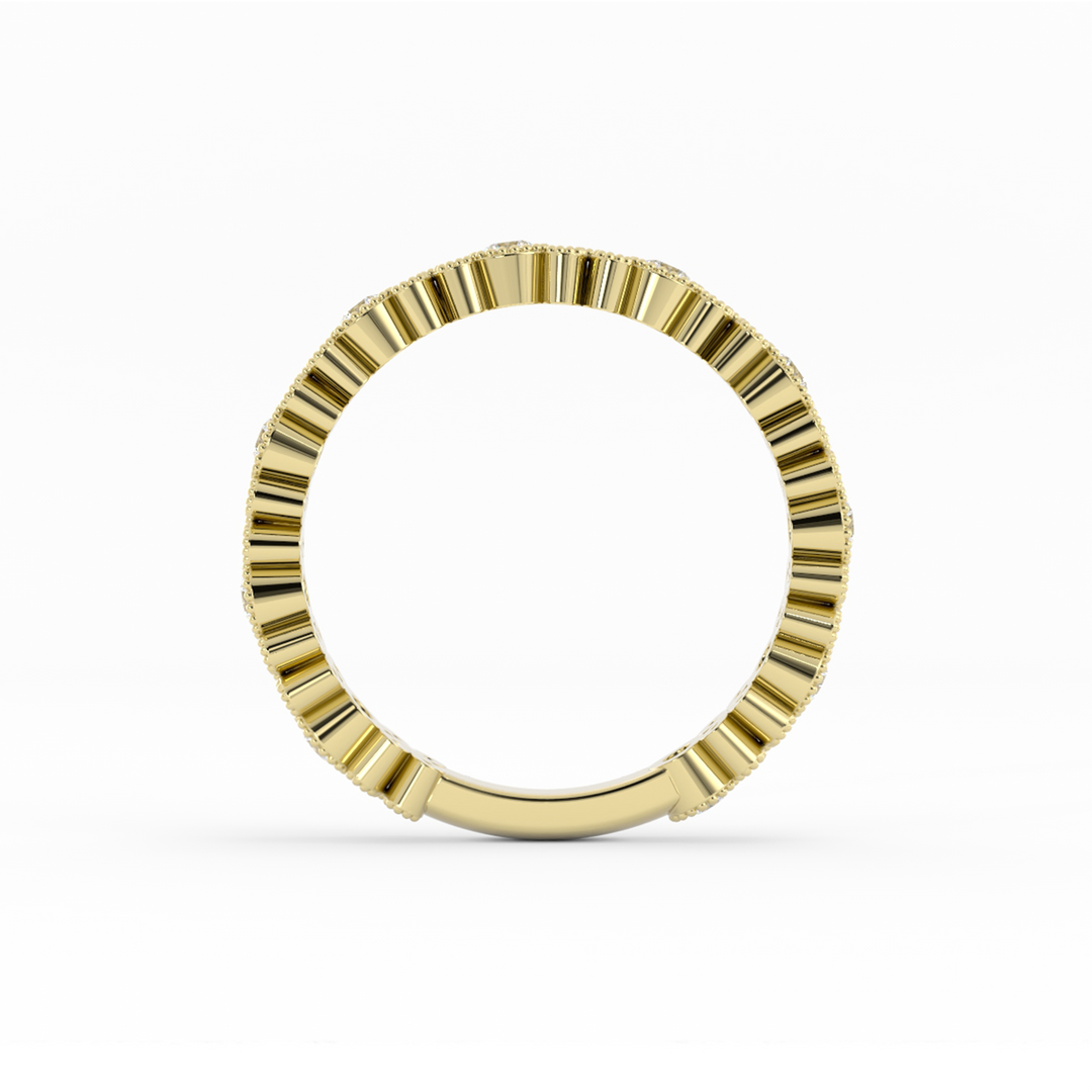 14K Yellow Gold Round Three Quarter Petal and Milgrain Natural Diamond Wedding Band
