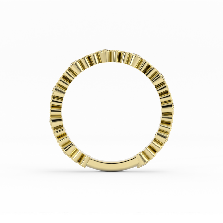 14K Yellow Gold Round Three Quarter Petal and Milgrain Natural Diamond Wedding Band