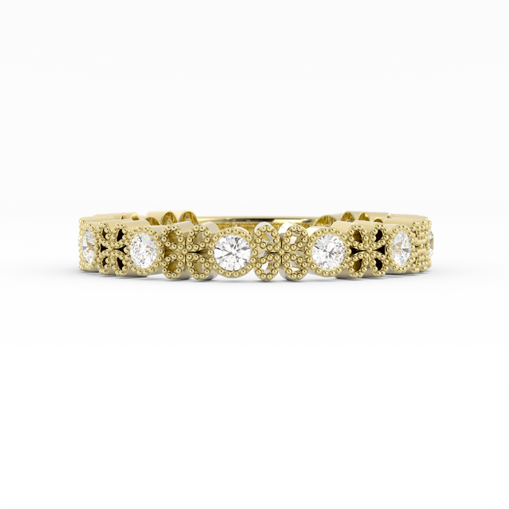14K Yellow Gold Round Three Quarter Petal and Milgrain Natural Diamond Wedding Band