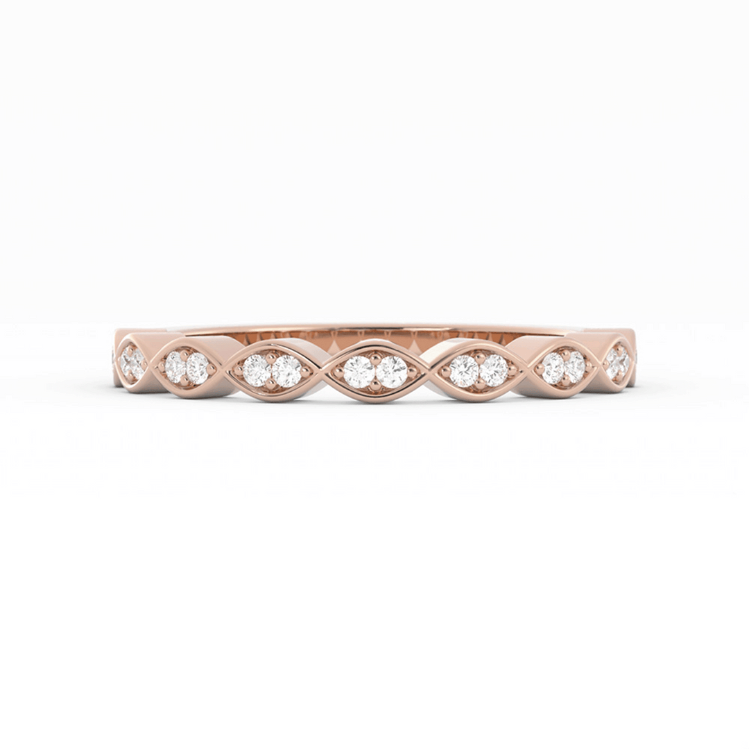 18K Rose Gold Round Half Shank Eyelet Paired Stone Lab Grown Diamond Wedding Band