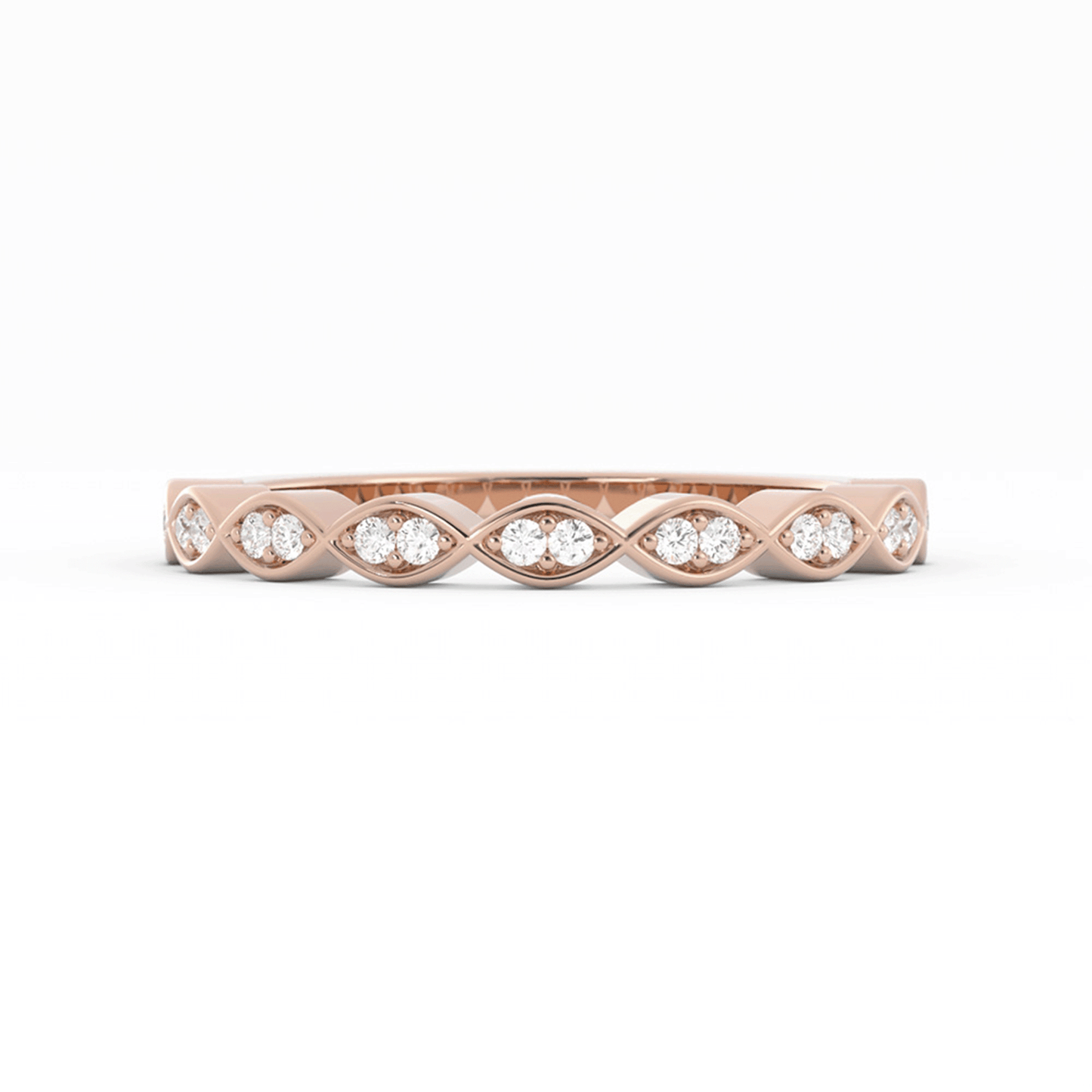 18K Rose Gold Round Half Shank Eyelet Paired Stone Lab Grown Diamond Wedding Band