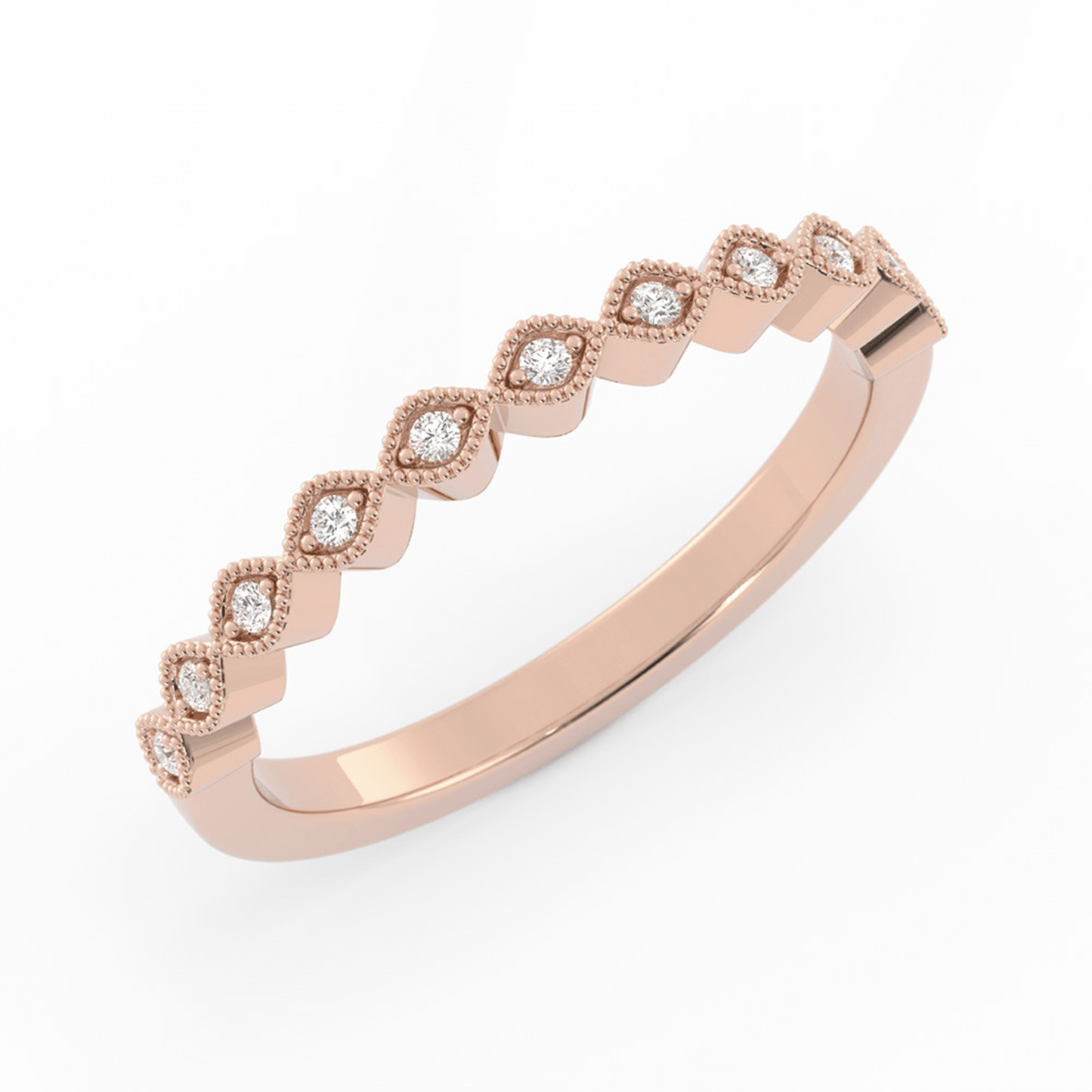 18K Rose Gold Round Half Shank Eyelet Milgrain Lab Grown Diamond Wedding Band