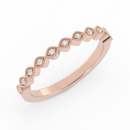 18K Rose Gold Round Half Shank Eyelet Milgrain Lab Grown Diamond Wedding Band