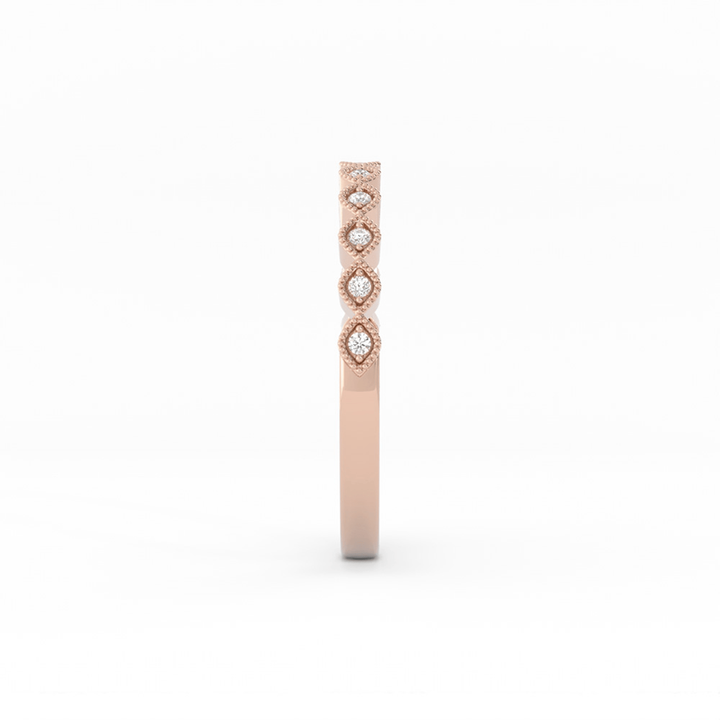 18K Rose Gold Round Half Shank Eyelet Milgrain Lab Grown Diamond Wedding Band