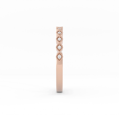 18K Rose Gold Round Half Shank Eyelet Milgrain Natural Diamond Wedding Band