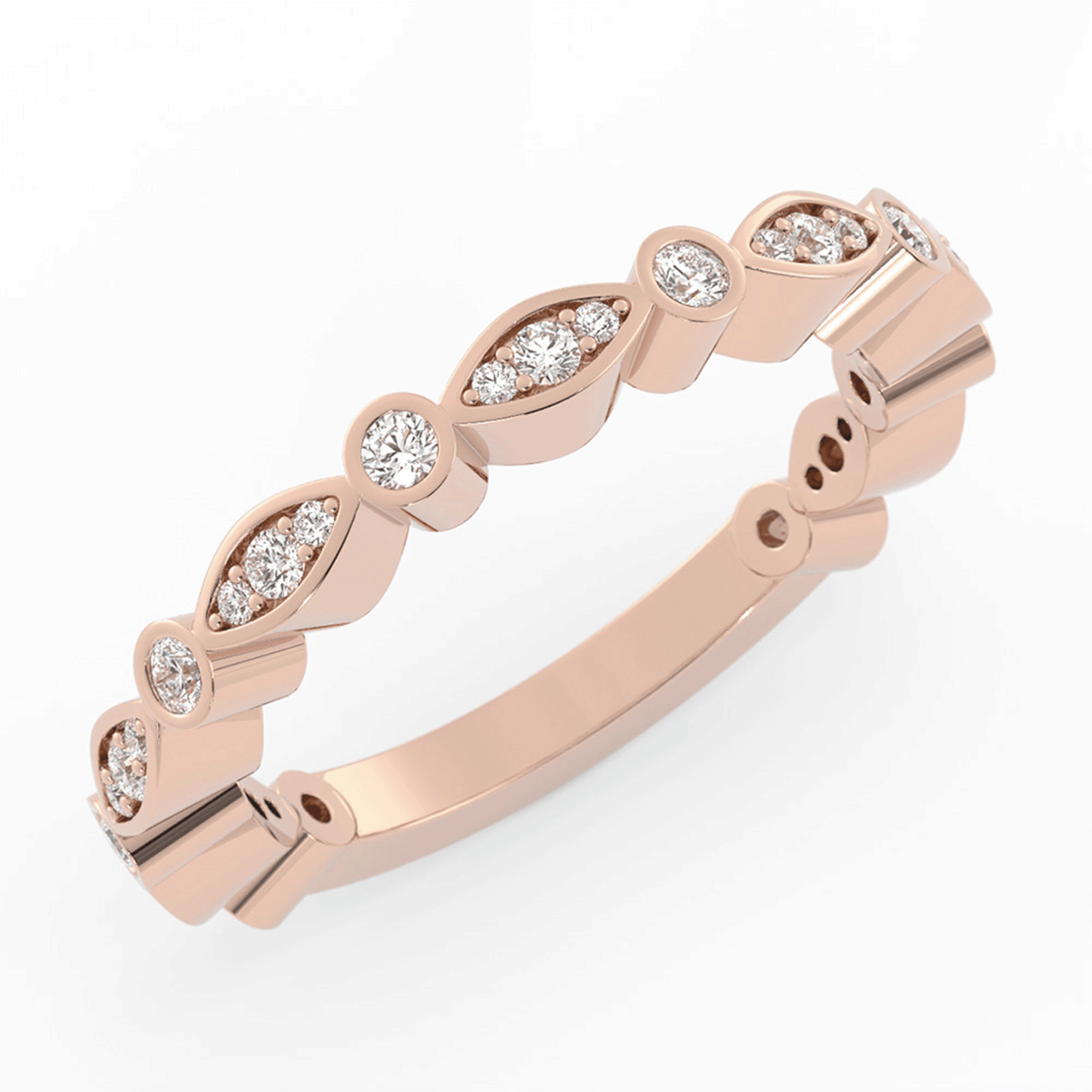 18K Rose Gold Round Three Quarter Alternating Eyelet Lab Grown Diamond Wedding Band