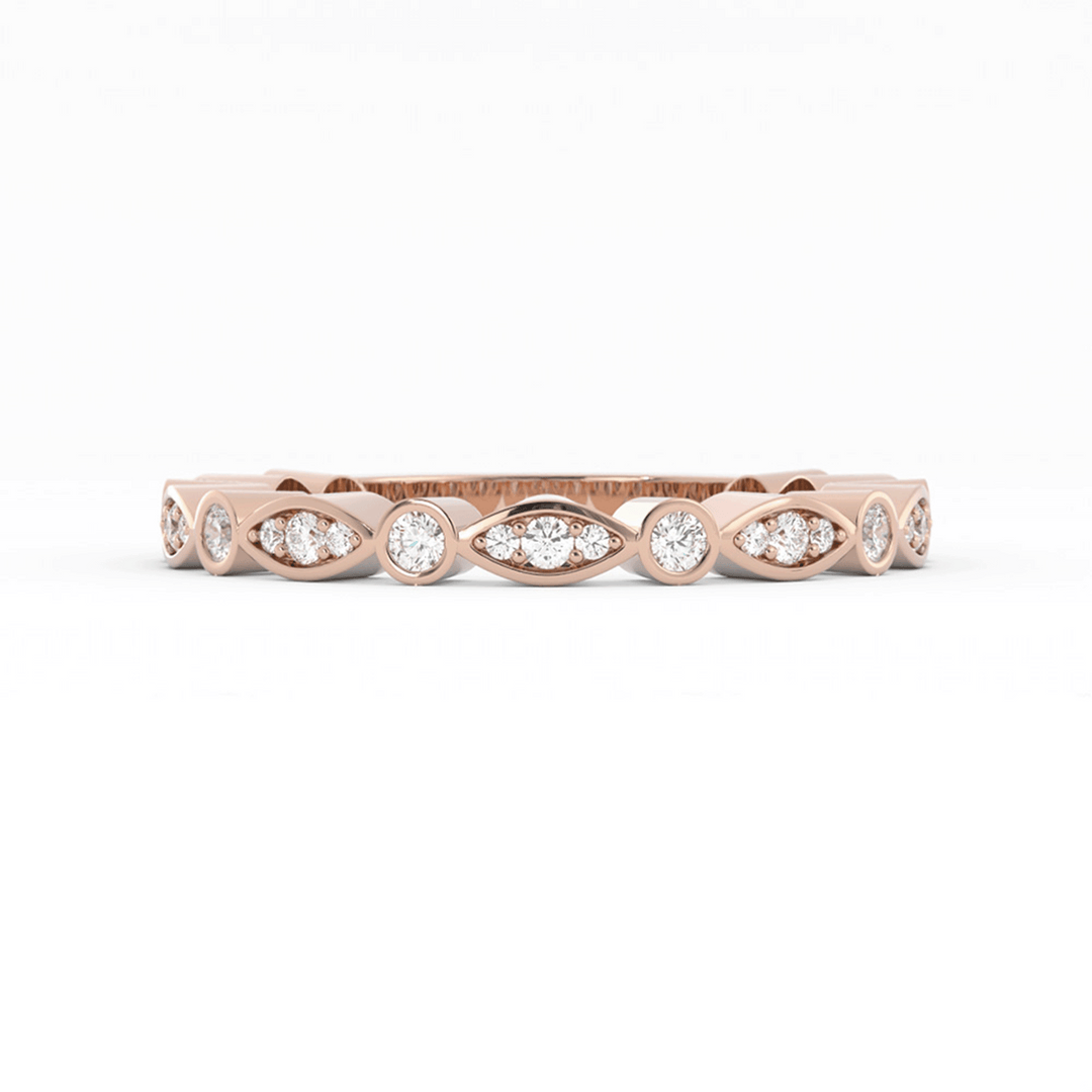 18K Rose Gold Round Three Quarter Alternating Eyelet Natural Diamond Wedding Band