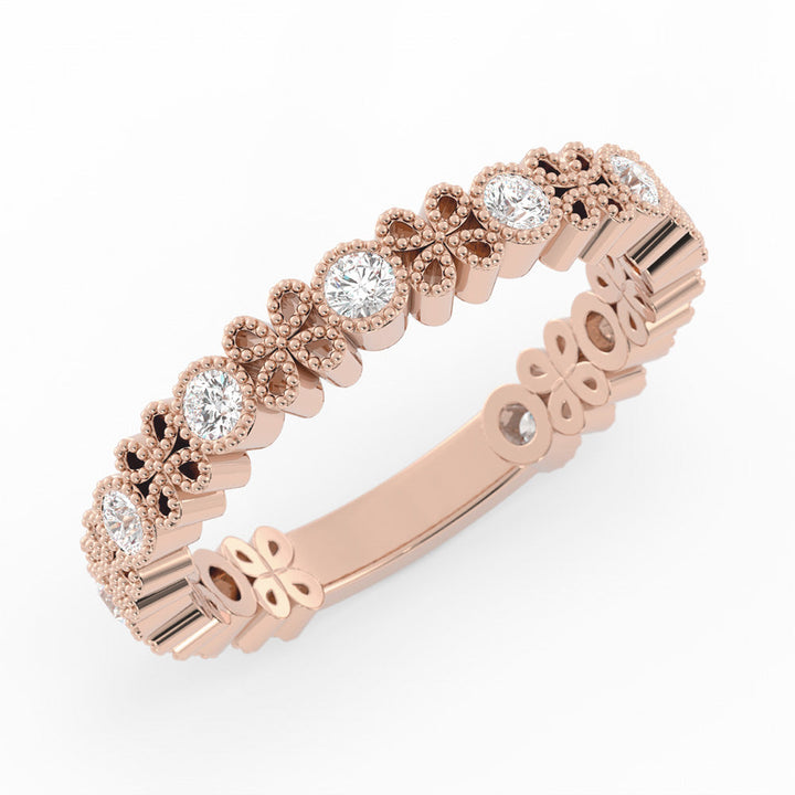 18K Rose Gold Round Three Quarter Petal and Milgrain Lab Grown Diamond Wedding Band