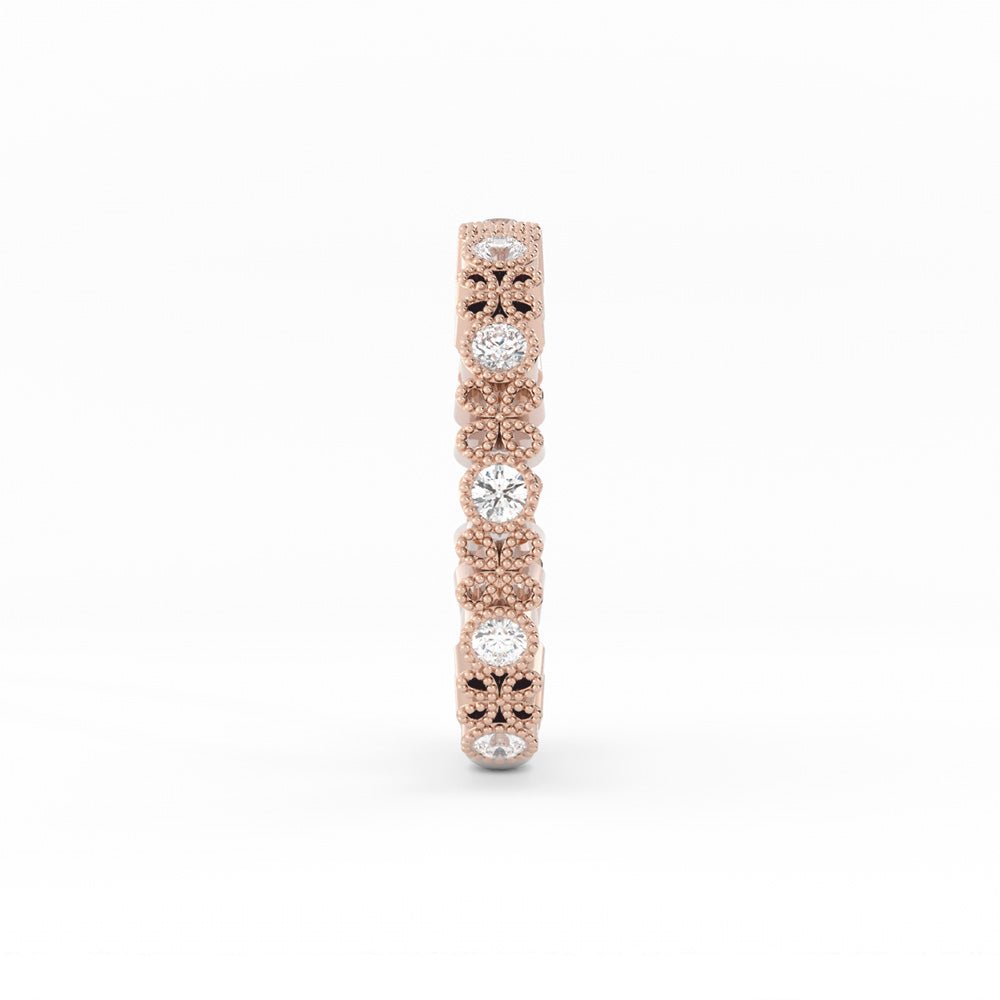 18K Rose Gold Round Three Quarter Petal and Milgrain Lab Grown Diamond Wedding Band