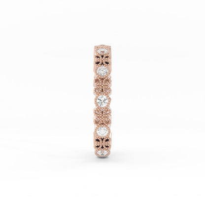 18K Rose Gold Round Three Quarter Petal and Milgrain Lab Grown Diamond Wedding Band