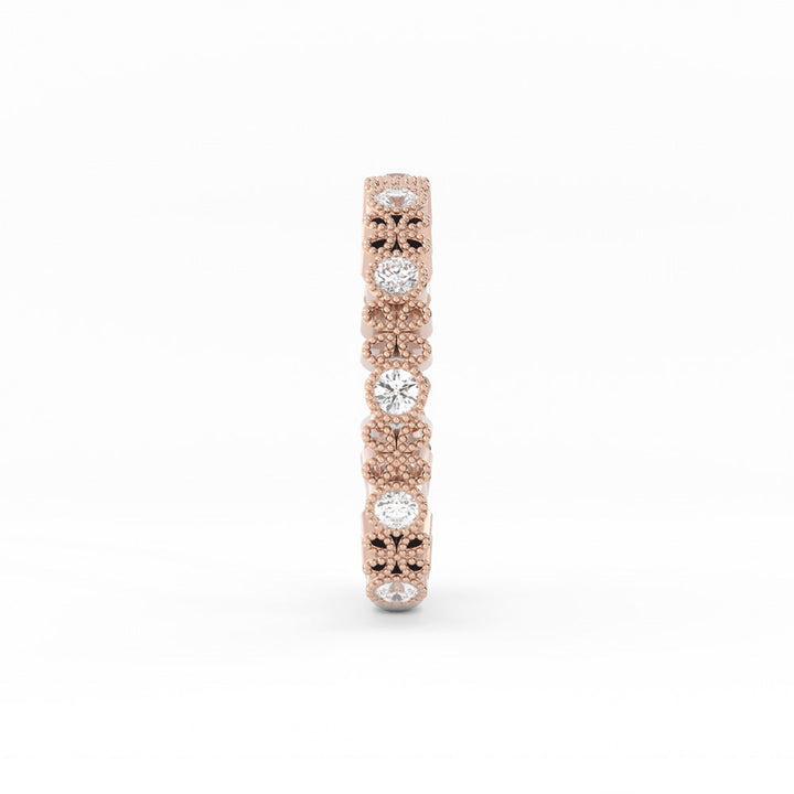 18K Rose Gold Round Three Quarter Petal and Milgrain Lab Grown Diamond Wedding Band