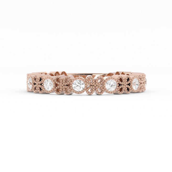 18K Rose Gold Round Three Quarter Petal and Milgrain Lab Grown Diamond Wedding Band