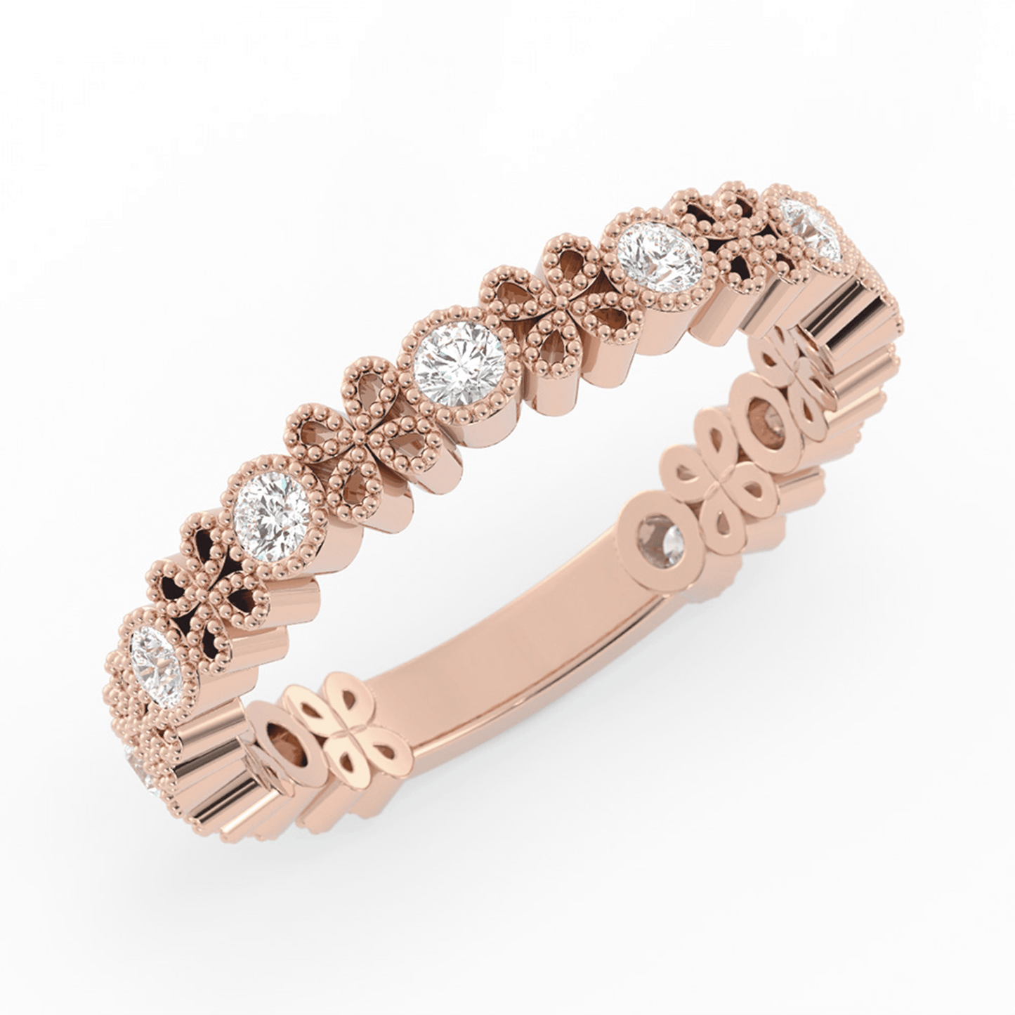 18K Rose Gold Round Three Quarter Petal and Milgrain Natural Diamond Wedding Band