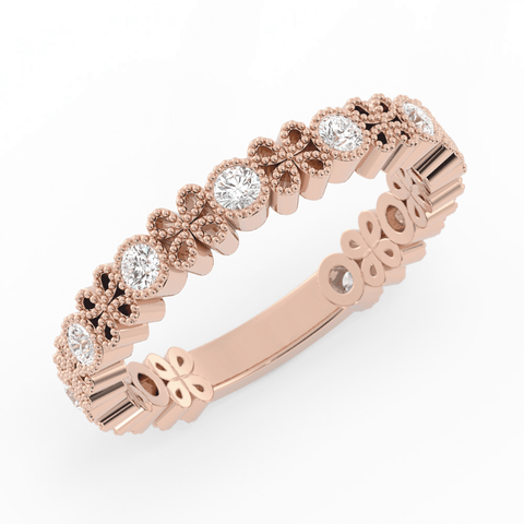 18K Rose Gold Round Three Quarter Petal and Milgrain Natural Diamond Wedding Band