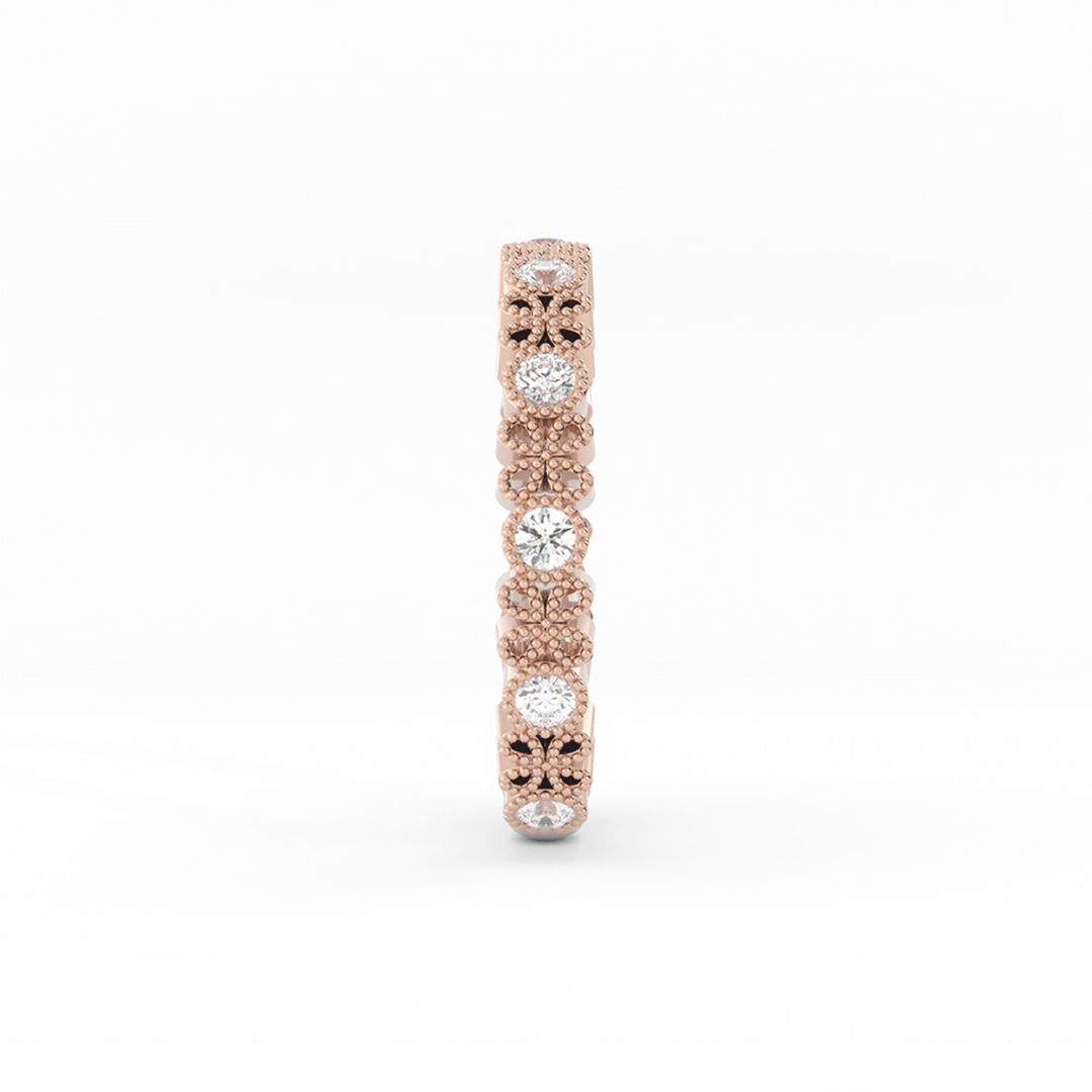 18K Rose Gold Round Three Quarter Petal and Milgrain Natural Diamond Wedding Band
