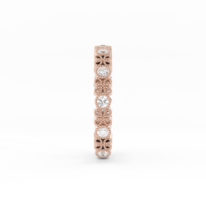 18K Rose Gold Round Three Quarter Petal and Milgrain Natural Diamond Wedding Band