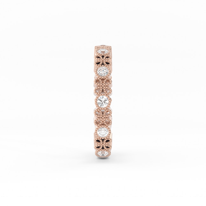 18K Rose Gold Round Three Quarter Petal and Milgrain Natural Diamond Wedding Band