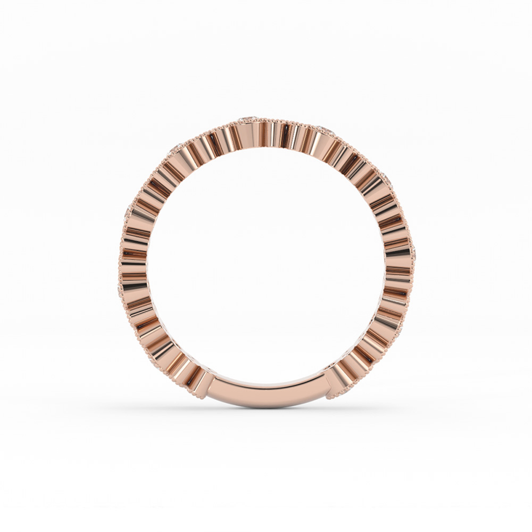 18K Rose Gold Round Three Quarter Petal and Milgrain Natural Diamond Wedding Band