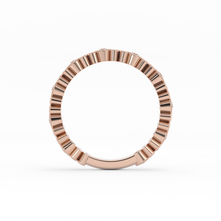 18K Rose Gold Round Three Quarter Petal and Milgrain Natural Diamond Wedding Band