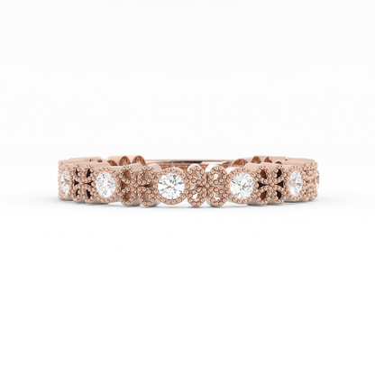 18K Rose Gold Round Three Quarter Petal and Milgrain Natural Diamond Wedding Band