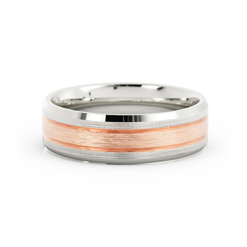 Two-Tone 18K White/Rose Gold Satin Beveled Edge with Two Grooves 6mm Wedding Band