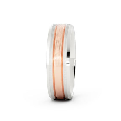 Two-Tone 18K White/Rose Gold Satin Beveled Edge with Two Grooves 6mm Wedding Band