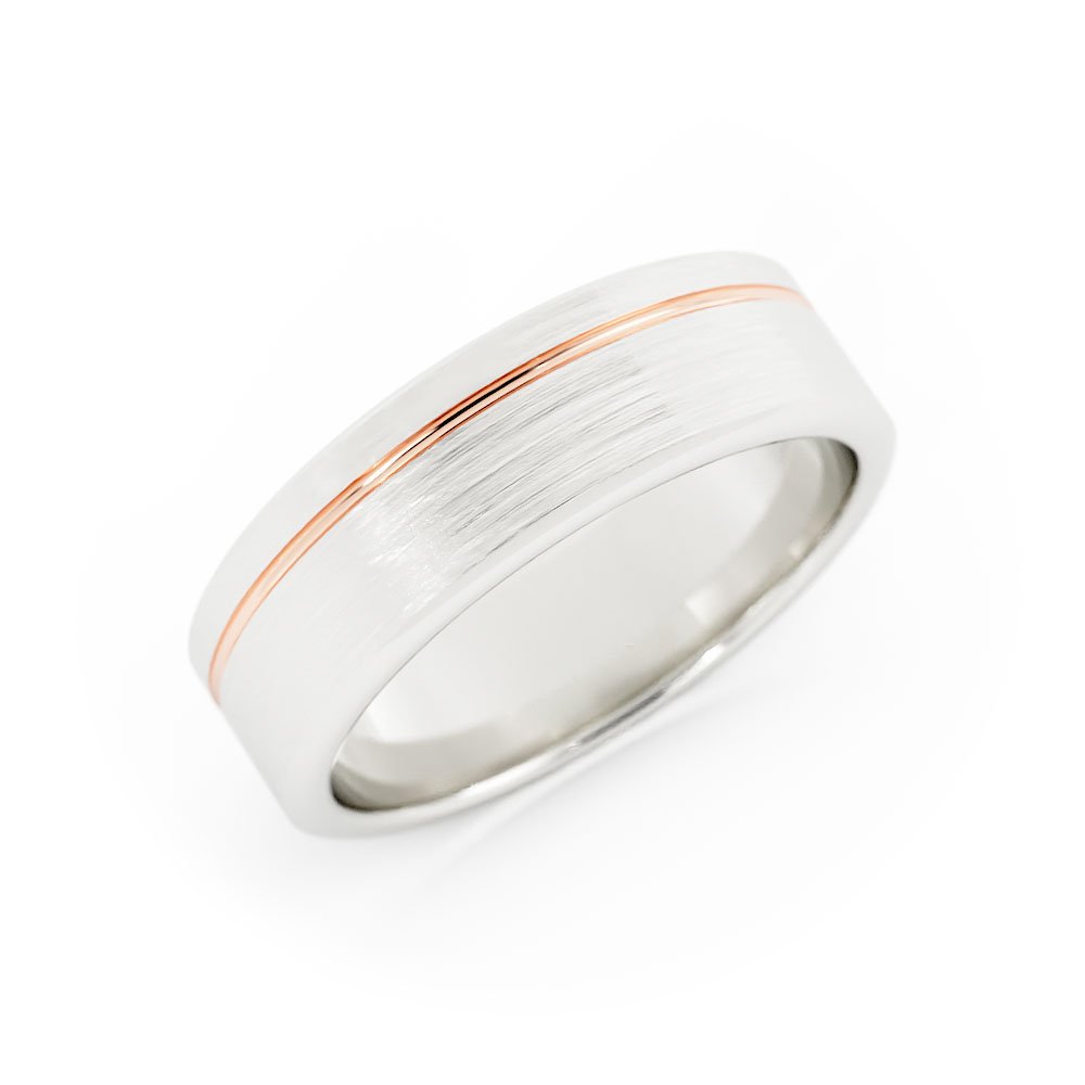 Two-Tone 18K White/Rose Gold Satin Flat Offset Ring 6mm Wedding Band