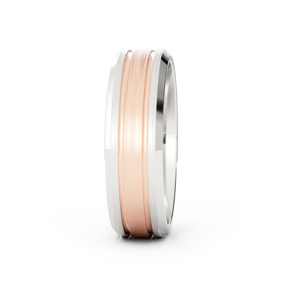 Two-Tone 18K White/Rose Gold Satin Double Groove with Beveled Edge 6mm Wedding Band