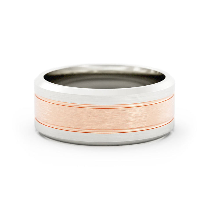 Two-Tone 18K White/Rose Gold Satin Double Groove with Beveled Edge 8mm Wedding Band