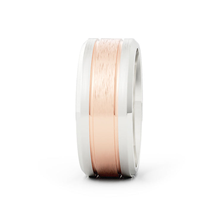 Two-Tone 18K White/Rose Gold Satin Double Groove with Beveled Edge 8mm Wedding Band
