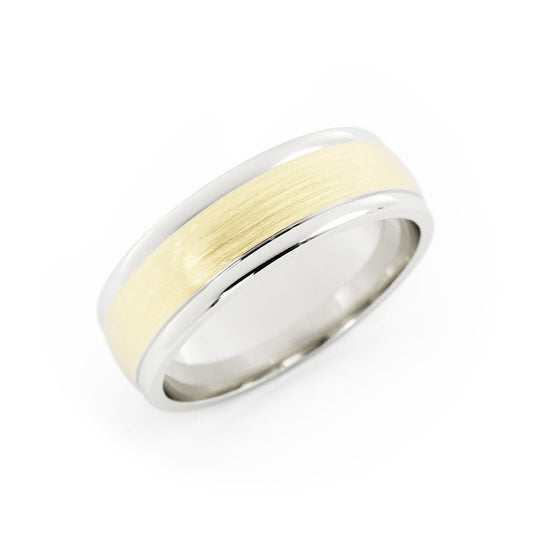Two-Tone 18K White/Yellow Gold Satin Light Step-Down Edge 6mm Wedding Band
