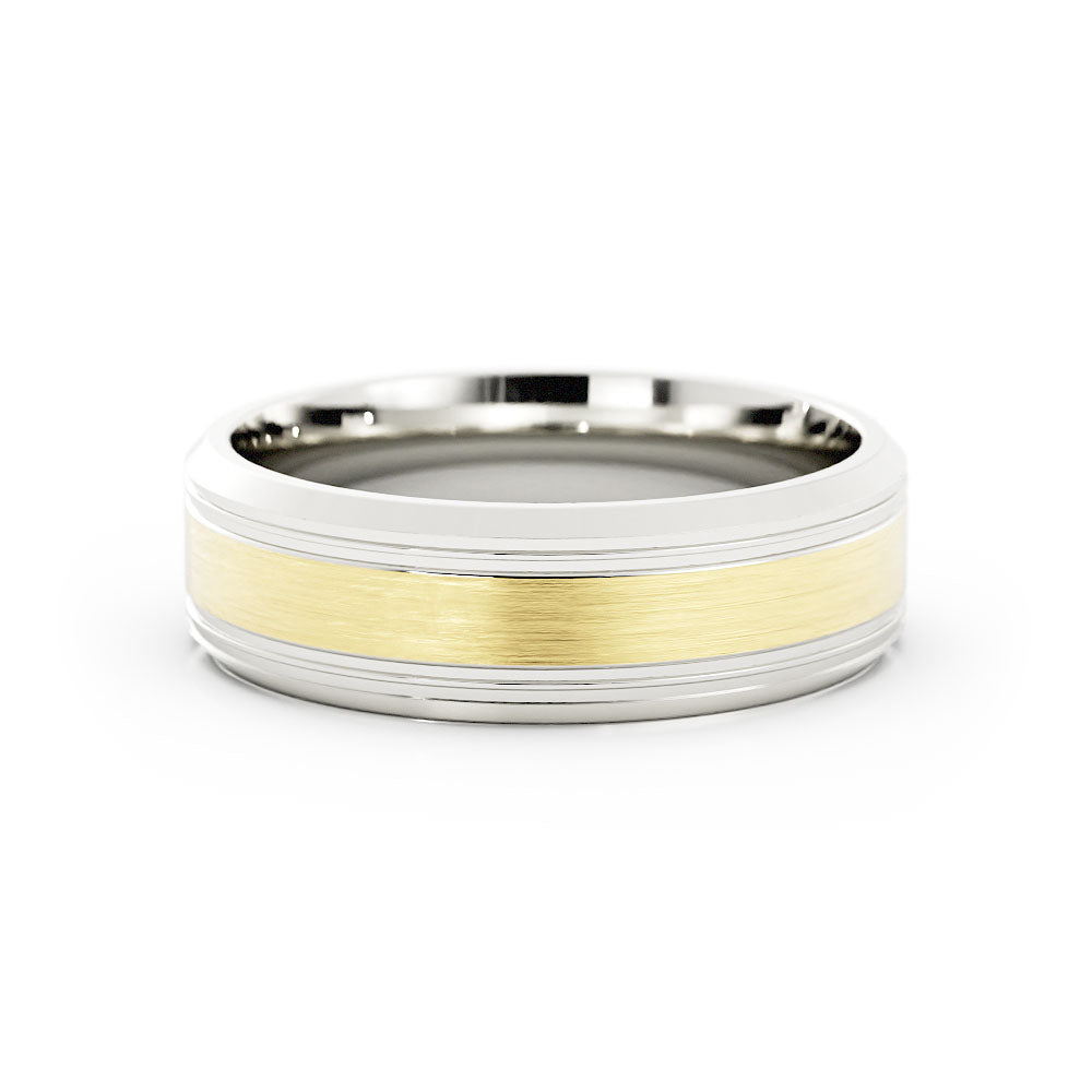 Two-Tone 18K White/Yellow Gold Satin Outside Groove with Beveled Edge 6mm Wedding Band