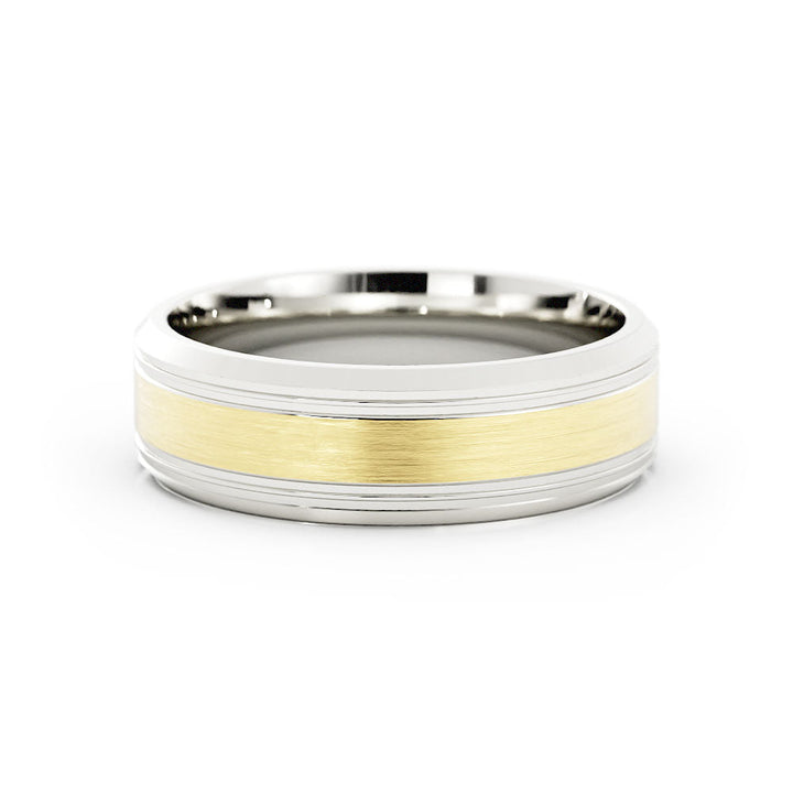 Two-Tone 18K White/Yellow Gold Satin Outside Groove with Beveled Edge 6mm Wedding Band