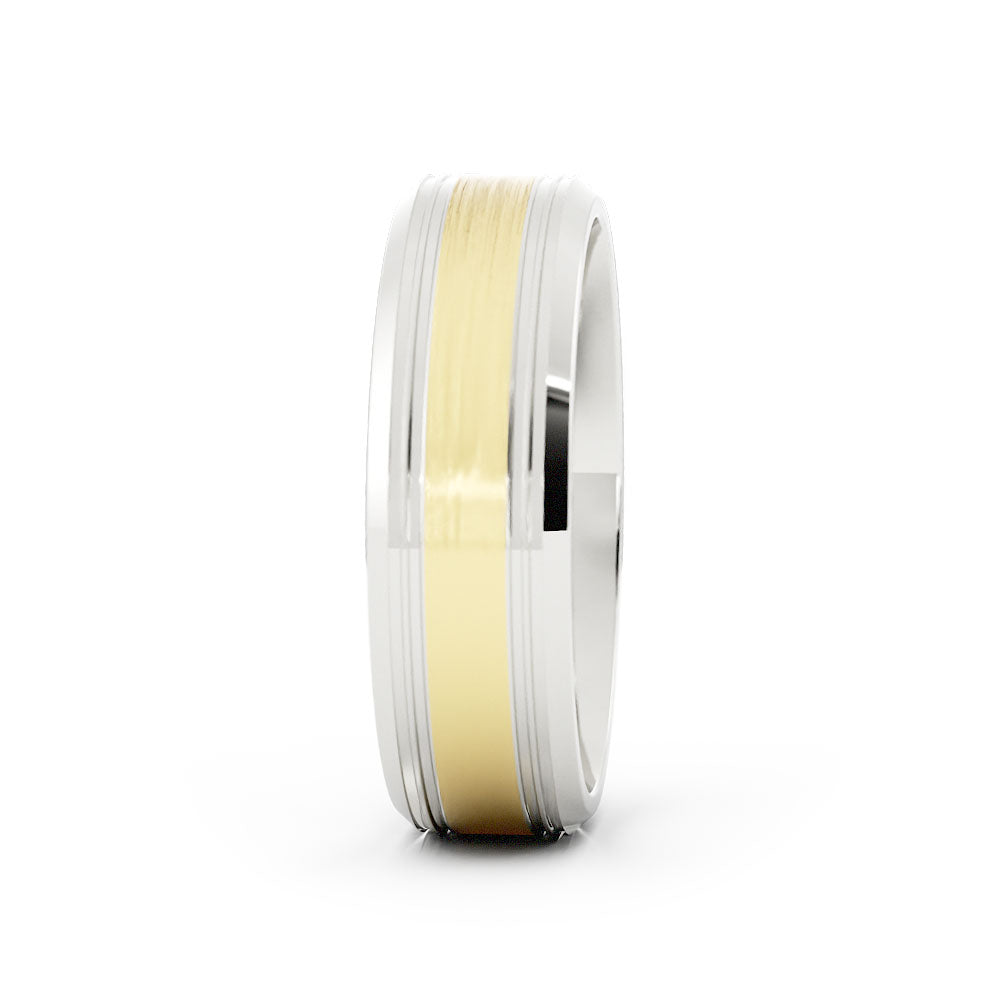Two-Tone 18K White/Yellow Gold Satin Outside Groove with Beveled Edge 6mm Wedding Band