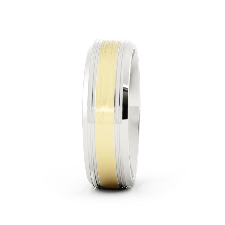 Two-Tone 18K White/Yellow Gold Satin Outside Groove with Beveled Edge 6mm Wedding Band