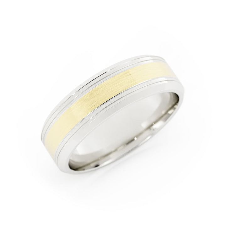 Two-Tone 18K White/Yellow Gold Satin Outside Groove with Beveled Edge 6mm Wedding Band